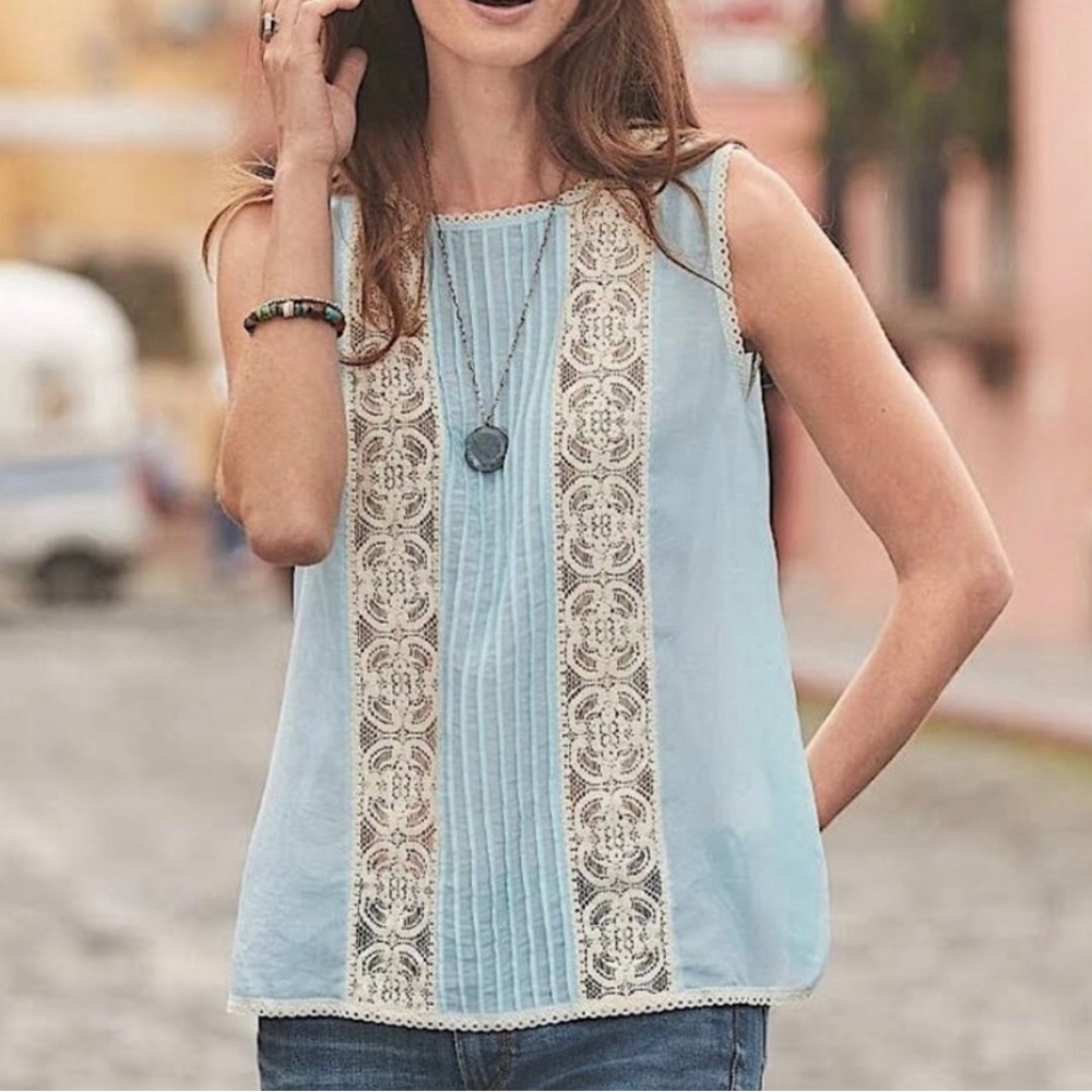 Sundance silk/cotton sleeveless top with lace.